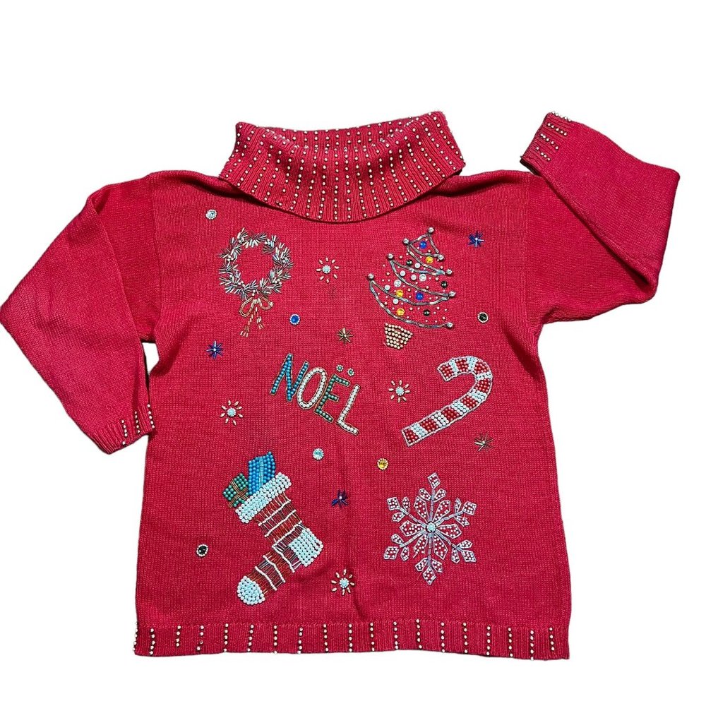Vtg Victoria Jones Christmas Sweater Womens L Beaded Embellished Merry Holiday